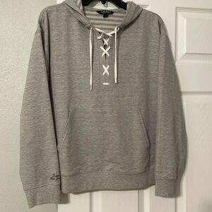 LAUREN RALPH LAUREN grey hoodie with laces, front pouch & hallmark Lauren wrist